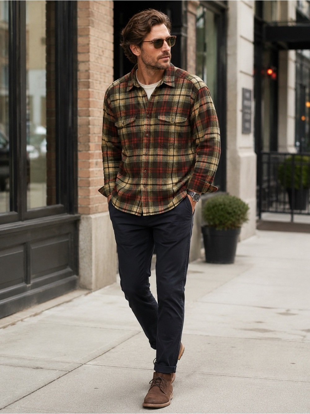 WOOLRICH Men’s Thick Flannel Brown Tan Red Plaid Button-Down Shirt XL